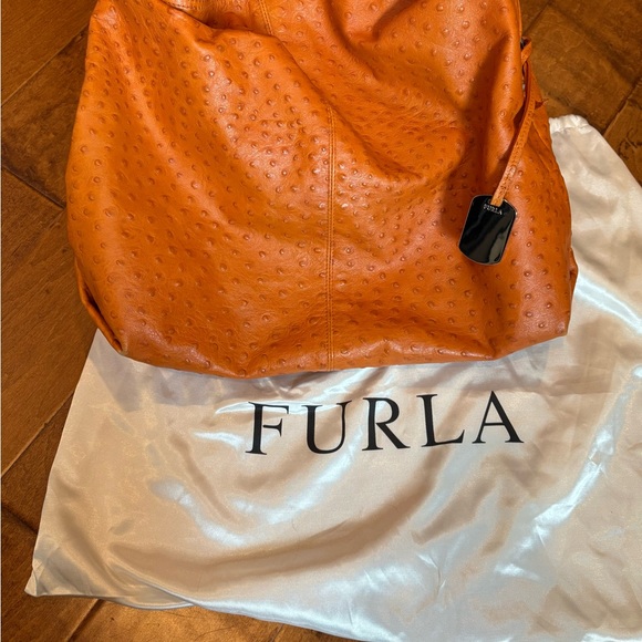 Furla Vibrant Orange Ostrich, Leather Shoulder Bag - Picture 4 of 4